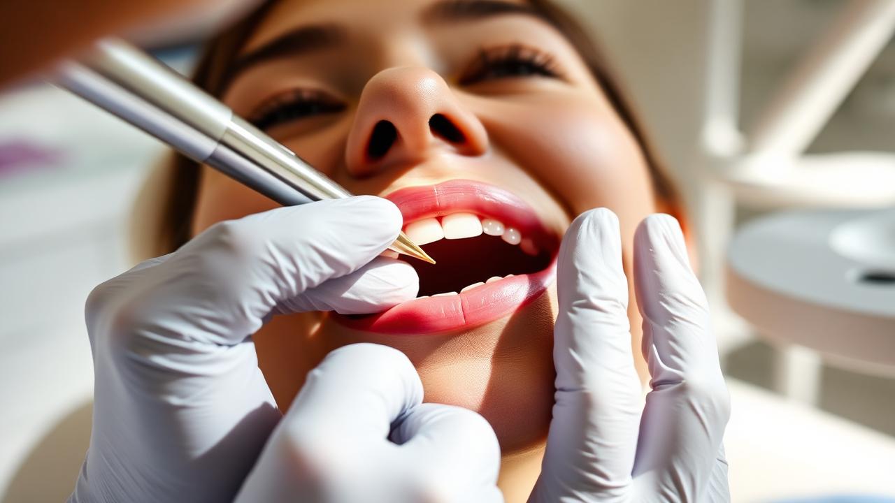 Dentist applying composite bonding resin to a front tooth