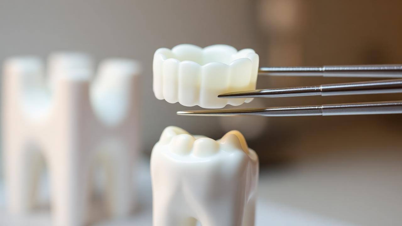 Ceramic dental crown held in tweezers above a tooth model