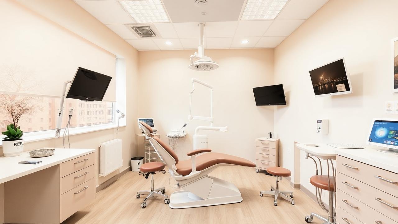 Bright modern UK dental surgery with chair and equipment