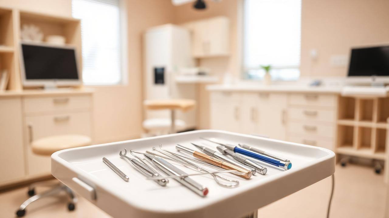 Dental hygiene instruments laid out on a tray in a clinic