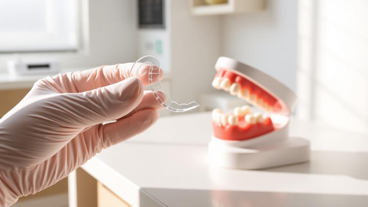 Clear orthodontic aligner held beside a dental model