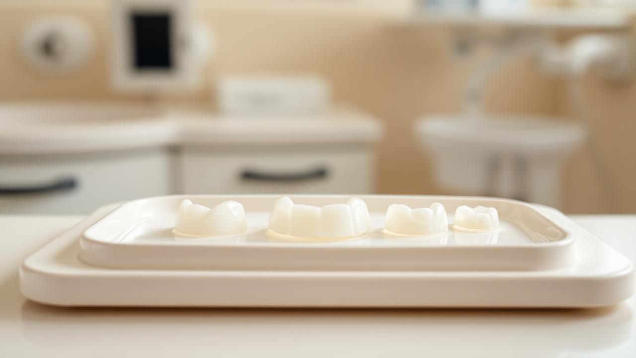 Porcelain dental veneers on a ceramic tray in a dental lab