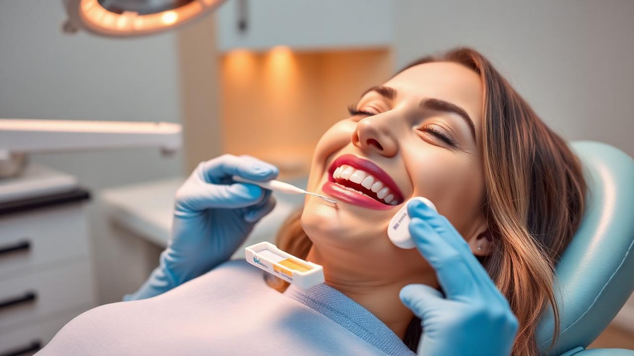 Patient having professional teeth whitening in a dental chair
